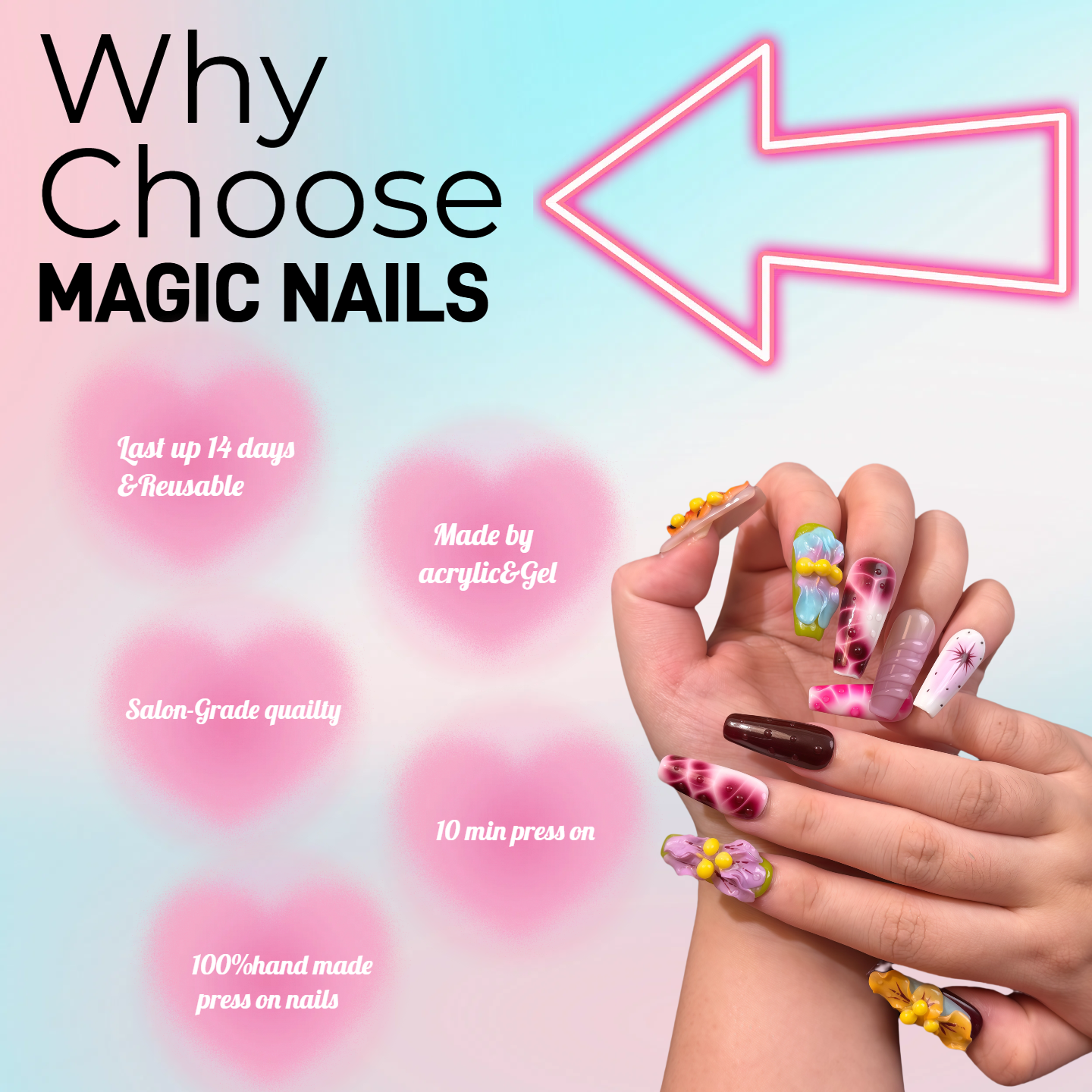 Metal Blue Eye--Magic Nails handmade acrylic extra long square shape press on nails