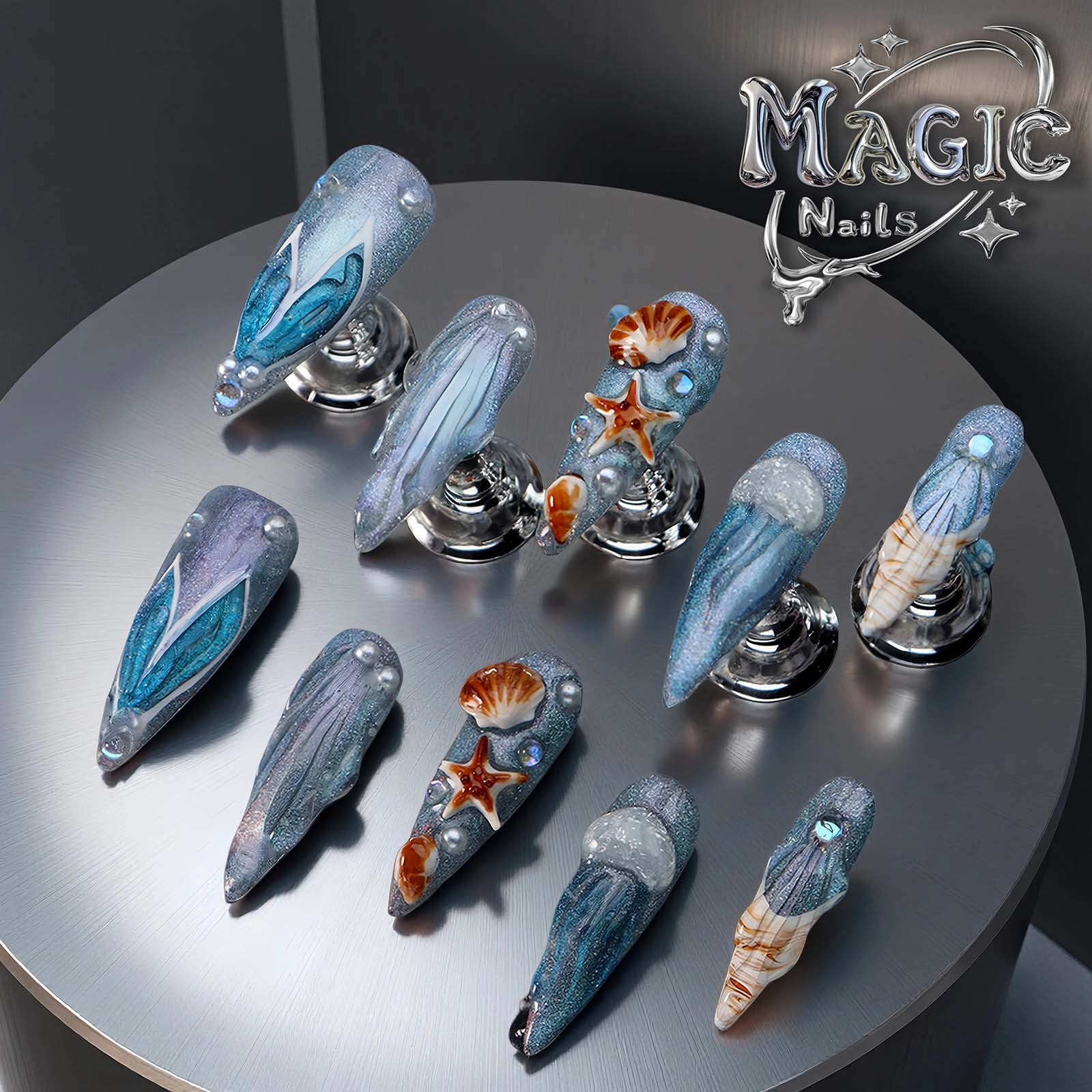 Mermaid song--Magic Nails handmade acrylic long stiletto shape press on nails