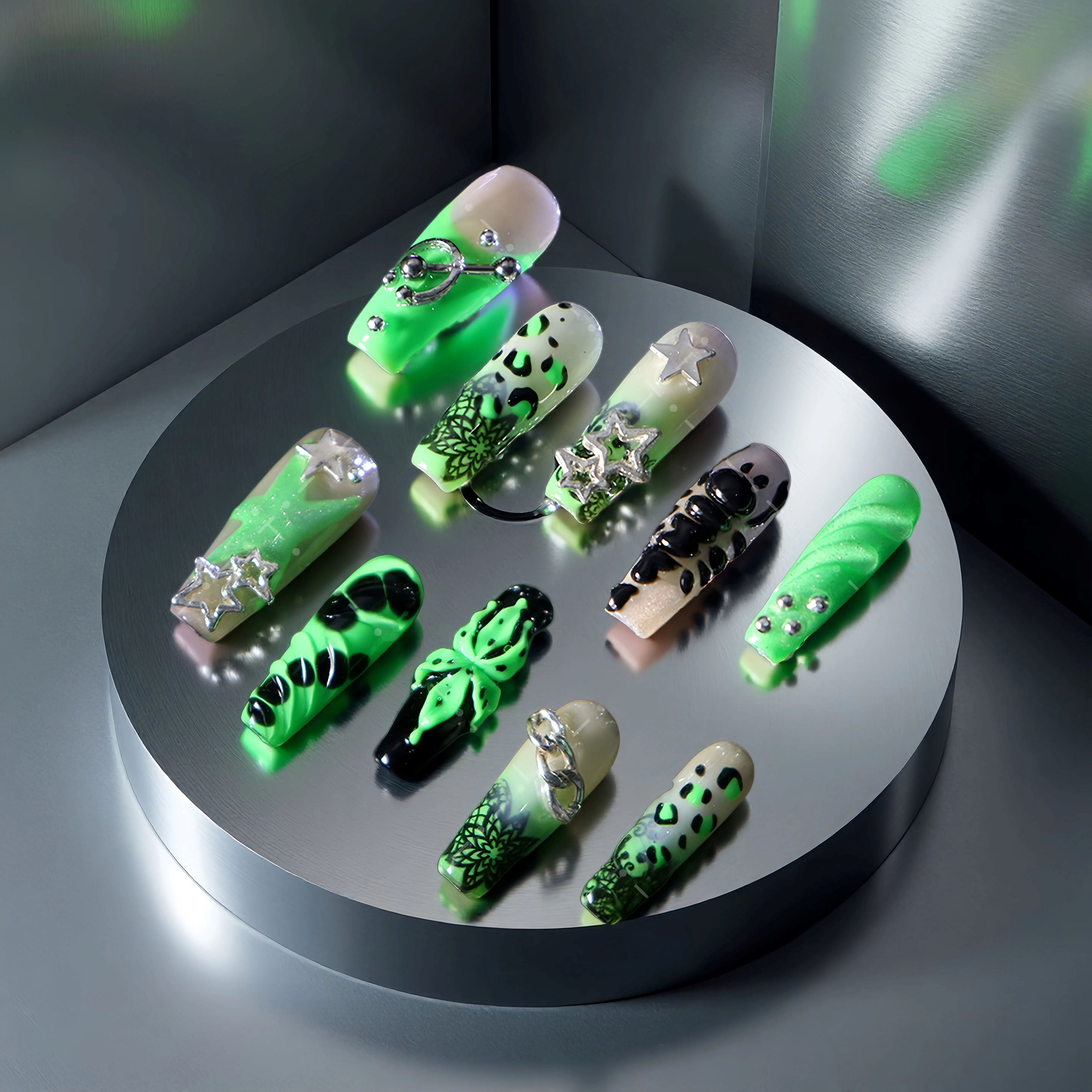 Green Venom-Magic Nails handmade acrylic long coffin shape press on nails