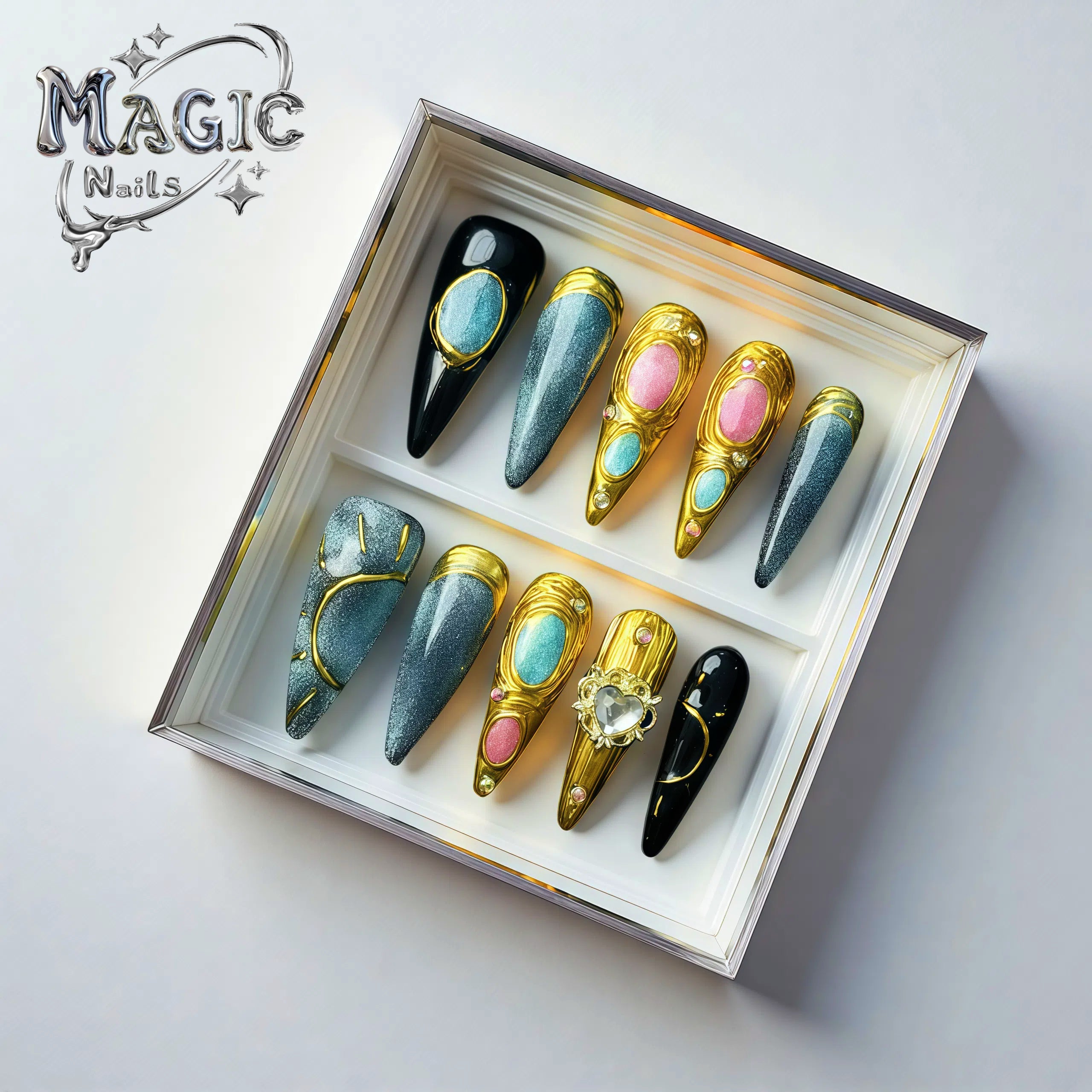 Rich Baby-Magic Nails handmade acrylic Long stiletto shape press on nails