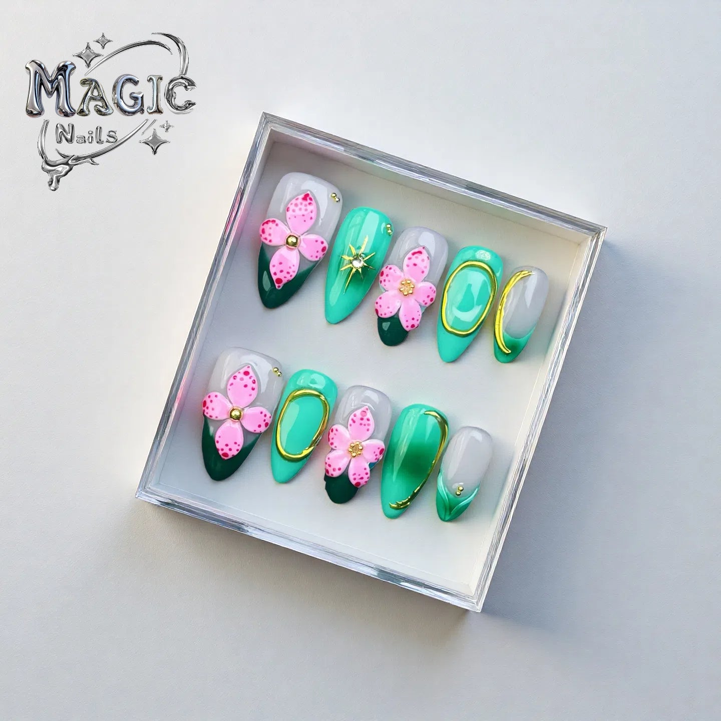 Green Jewellery-Magic Nails handmade acrylic Short Almond shape press on nails