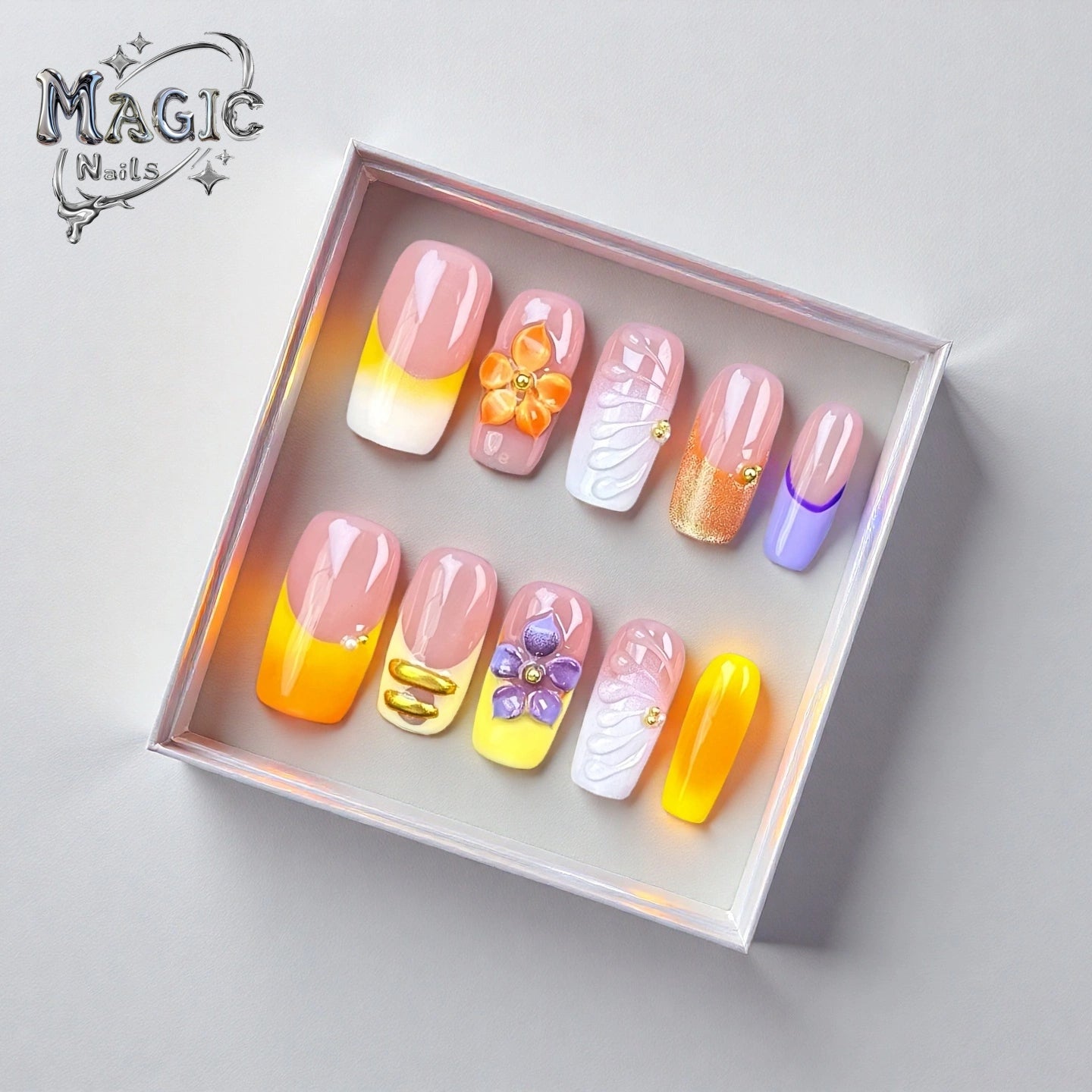 Charming Yellow-Magic Nails handmade acrylic Short square shape press on nails