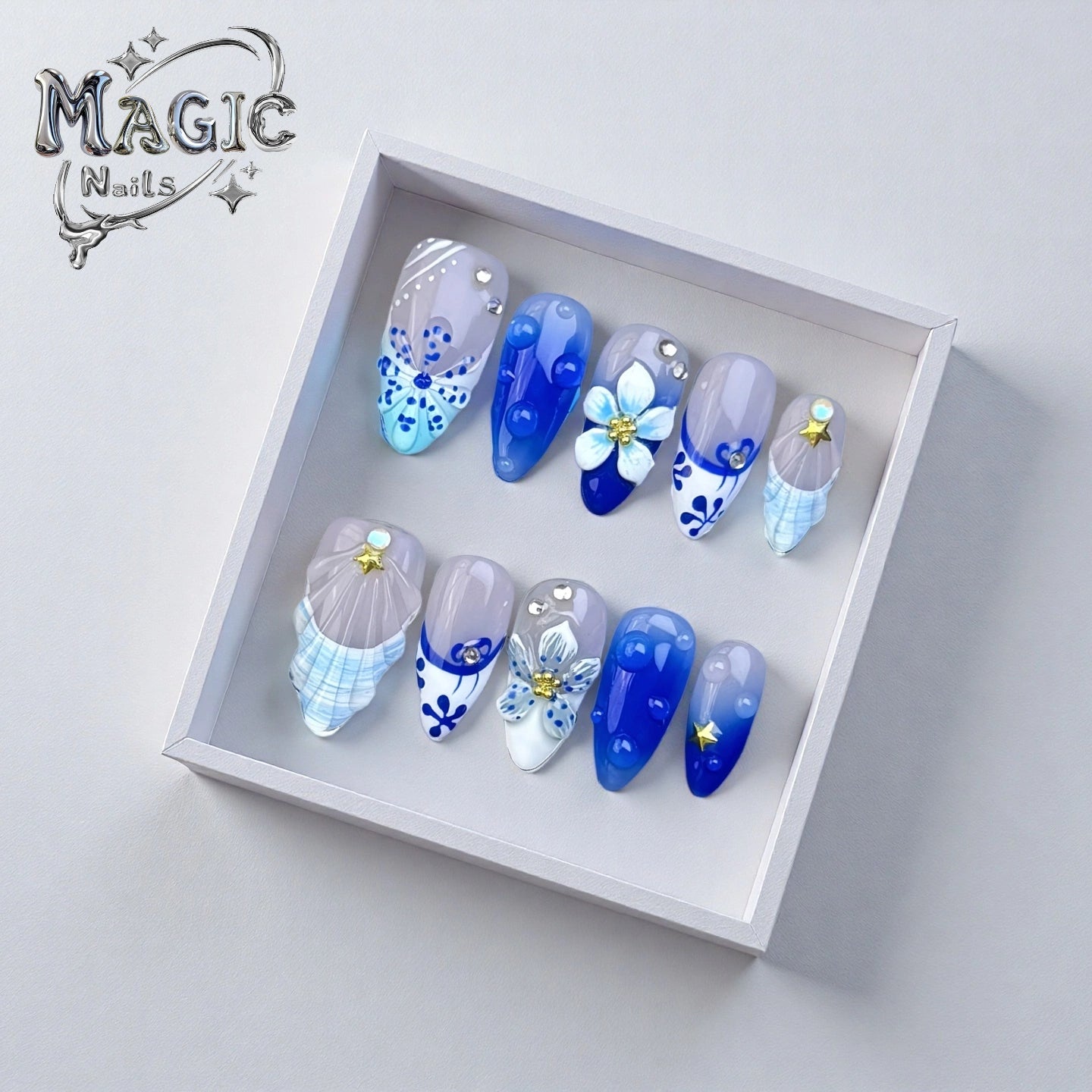 Ocean Flower-Magic Nails handmade acrylic Short almond shape press on nails