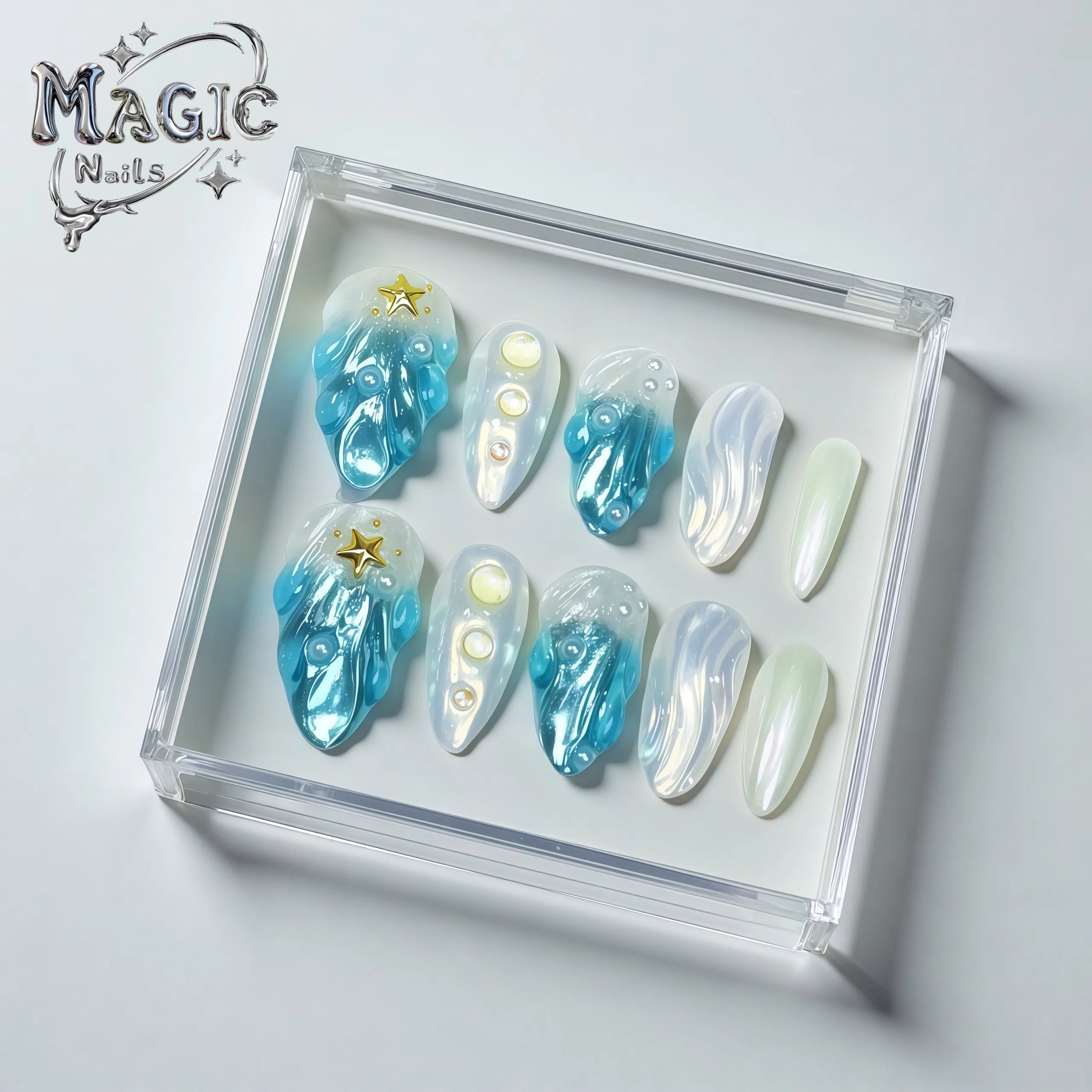 Ocean Theme-Magic Nails handmade acrylic Short almond shape press on nails