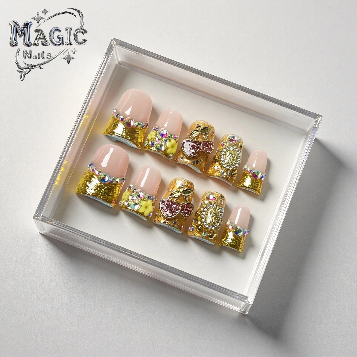 Golden Cherry-Magic Nails handmade acrylic Short duck nail shape press on nails