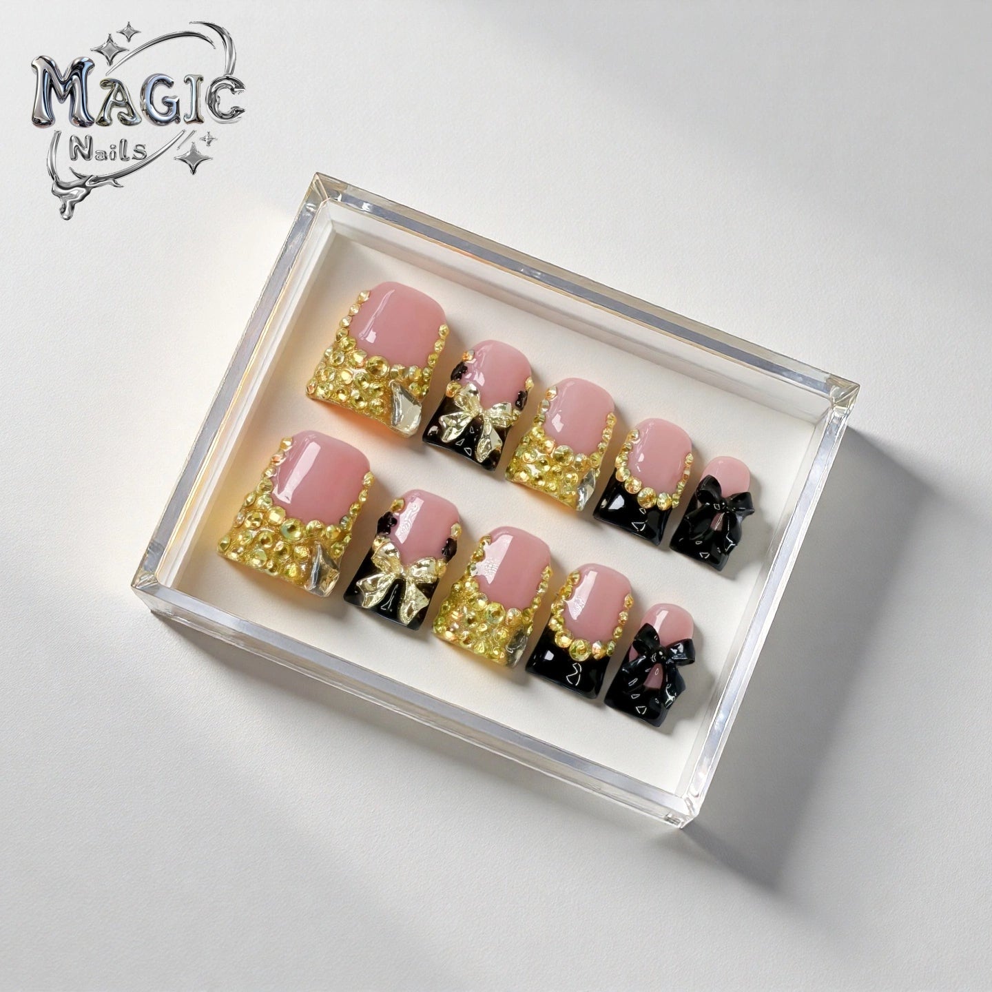 Golden Bow Tie-Magic Nails handmade acrylic Short duck nail shape press on nails