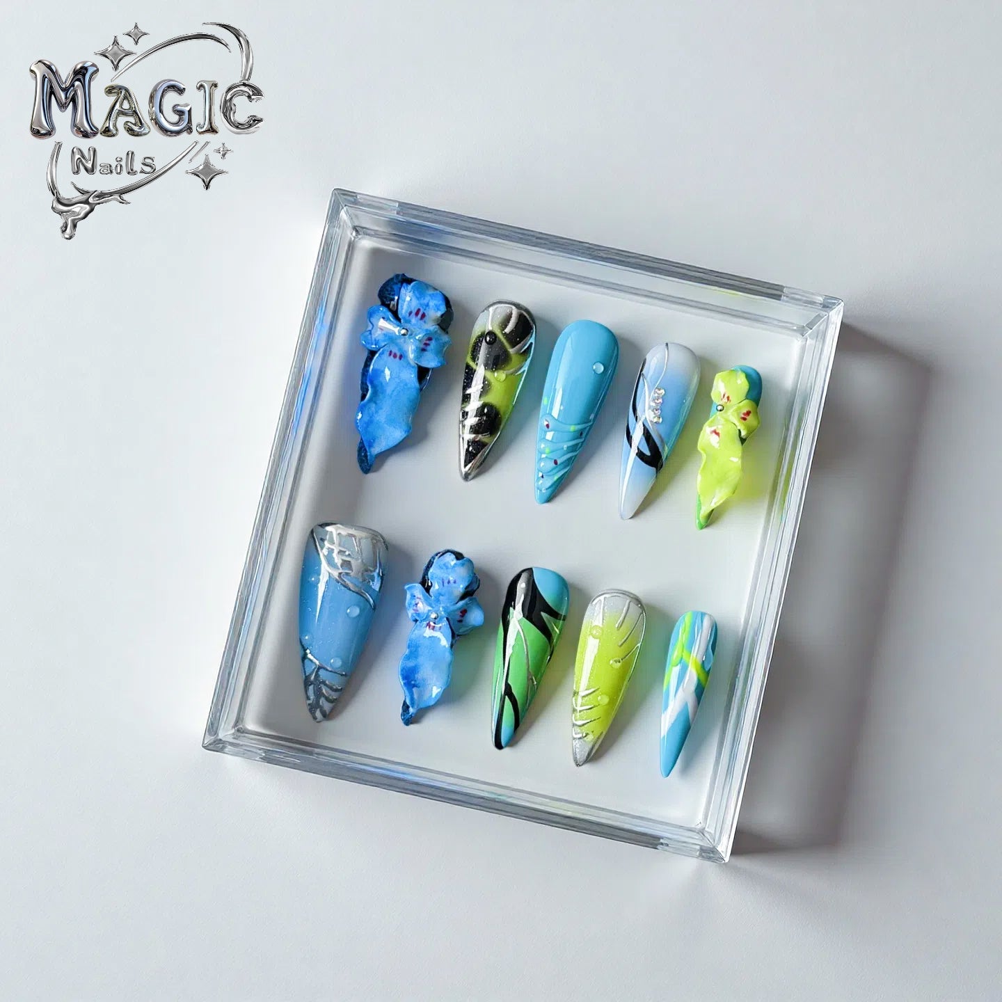 Blue Iris-Magic Nails handmade acrylic long stiletto shape press on nails
