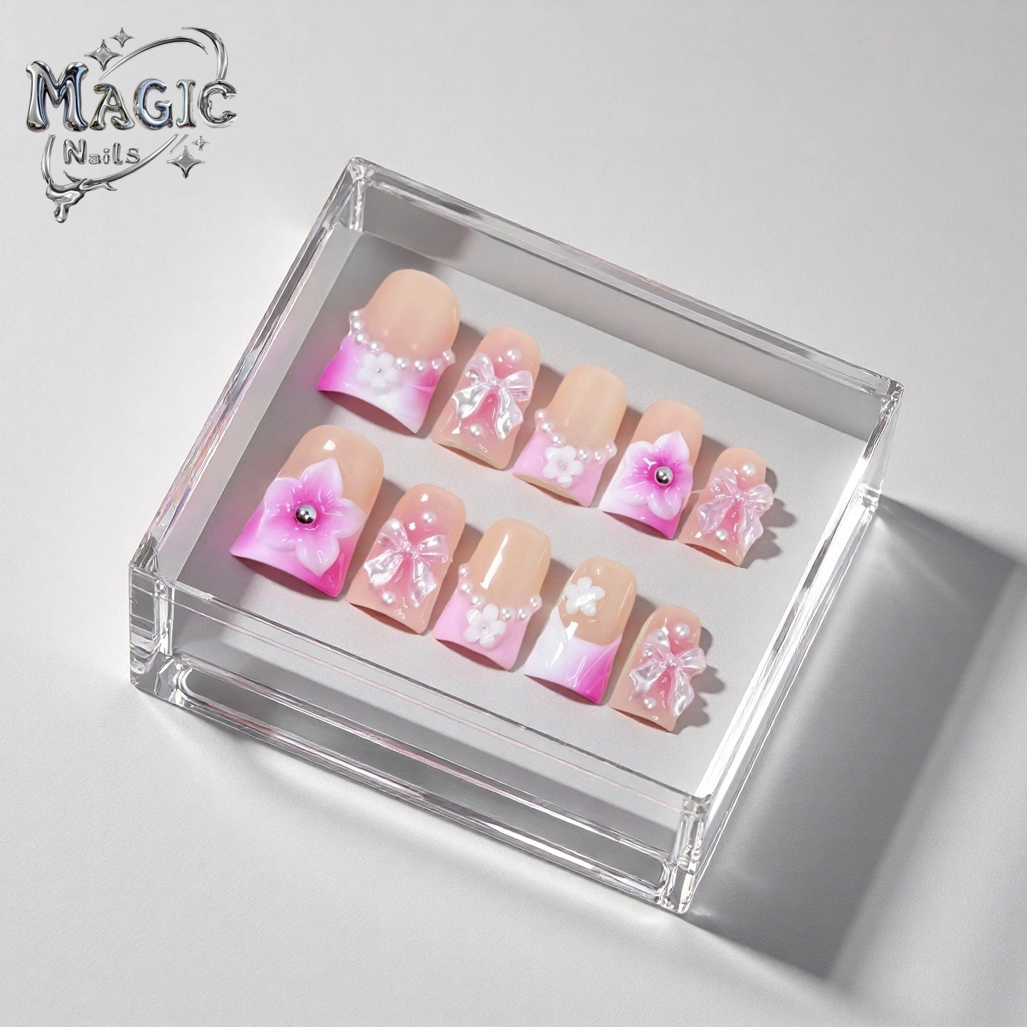 Krystal bow tie-Magic Nails handmade acrylic Short duck nail shape press on nails
