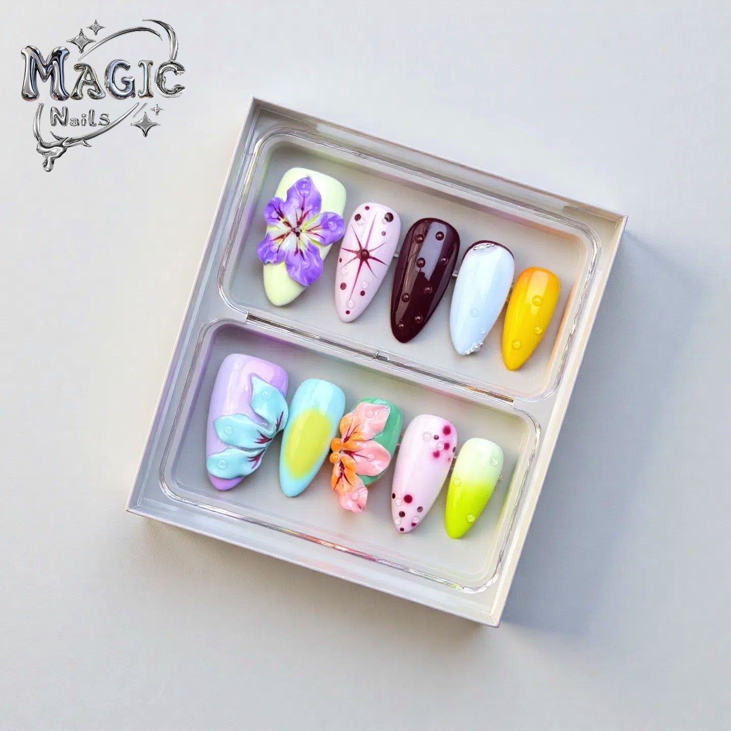 Spring Garden-Magic Nails handmade acrylic short almond shape press on nails