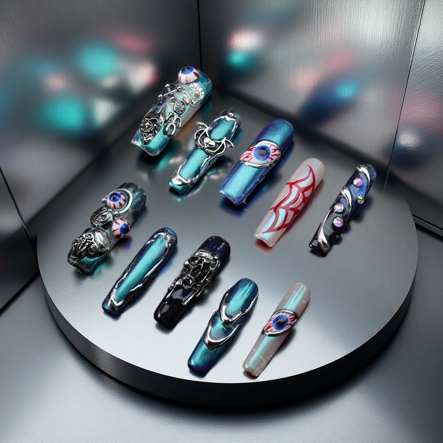 Metal Blue Eye--Magic Nails handmade acrylic extra long square shape press on nails