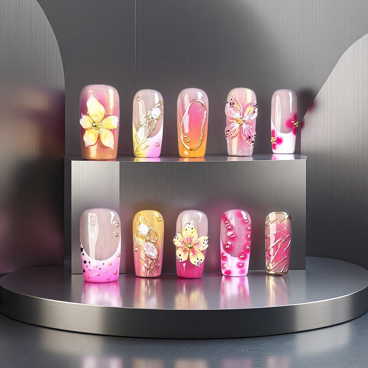 Lovely Flower-Magic Nails handmade acrylic short square shape press on nails
