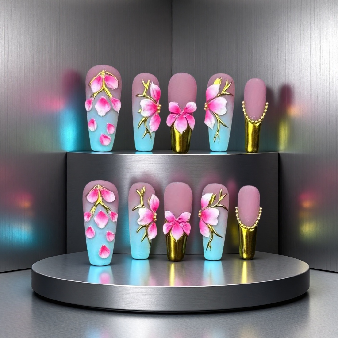 French peach blossom-Magic Nails handmade acrylic long coffin shape press on nails