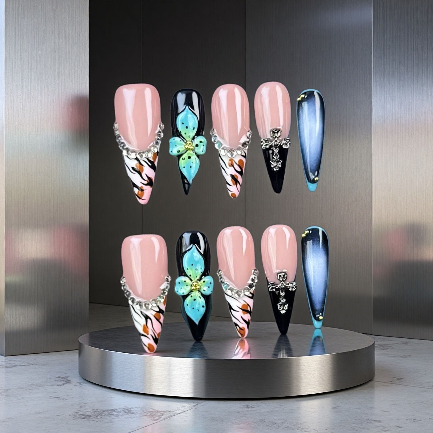 Diamond leopard print-Magic Nails handmade acrylic long stiletto shape press on nails