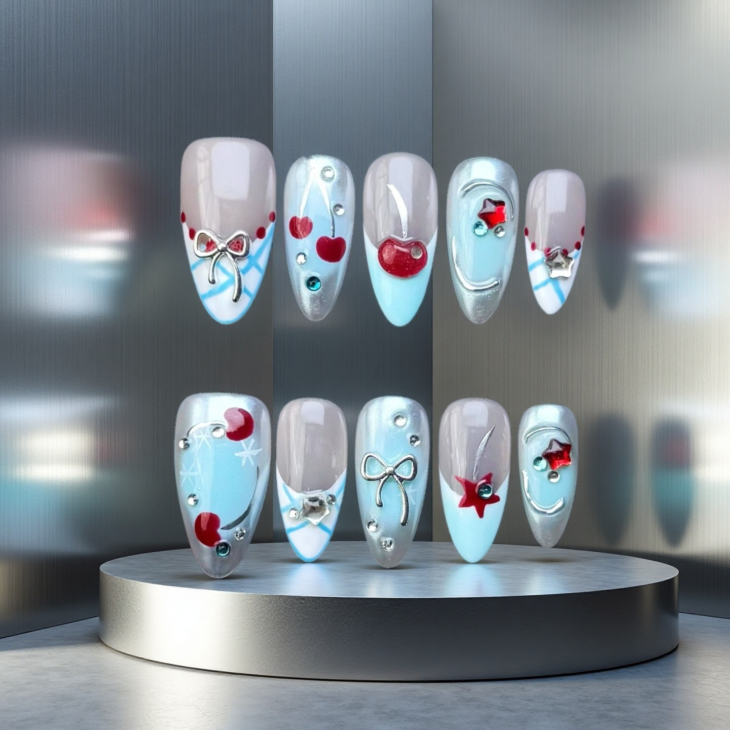 Blue Cherry-Magic Nails handmade acrylic short almond shape press on nails